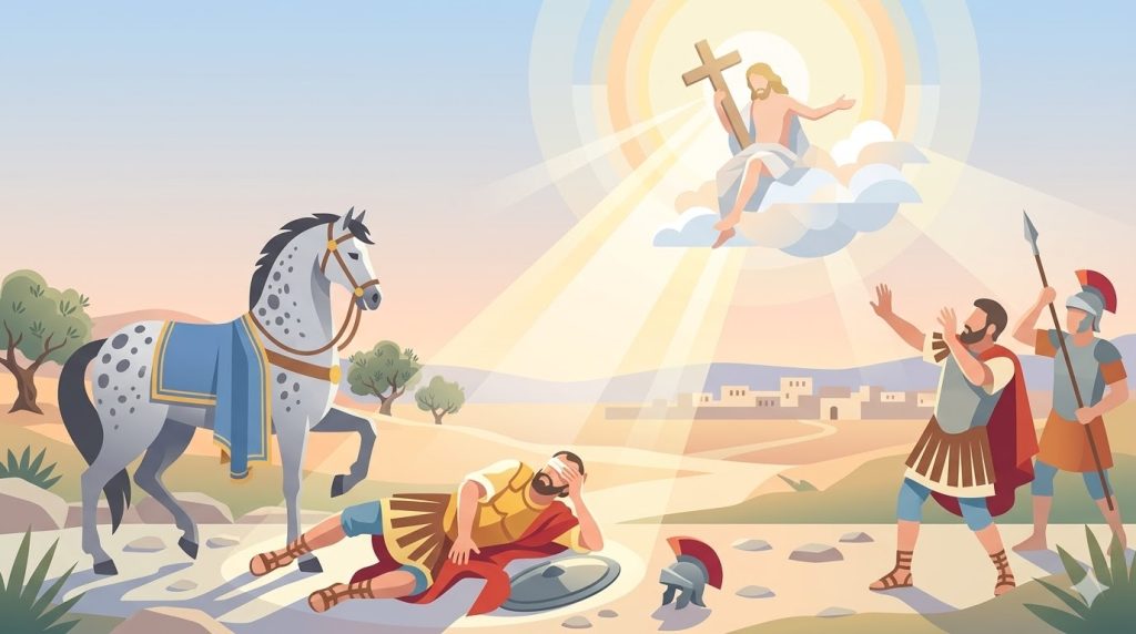 La Conversión de San Pablo Fuente de Esperanza - un hombre caído al suelo cerca de un caballo estilizado deslumbrado por un rayo celestial